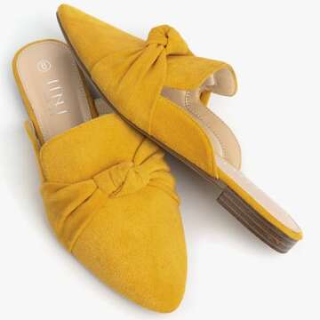 MUSSHOE Mules for Women Comfortable Pointed Toe Backless Slip-on Slides Loafer Flats with Knot,Mustard 9.5