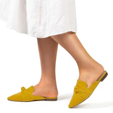 MUSSHOE Mules for Women Comfortable Pointed Toe Backless Slip-on Slides Loafer Flats with Knot,Mustard 9.5