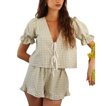 Faretumiya Women Plaid 2 Piece Pajama Shorts Set - Cute Summer Sleepwear