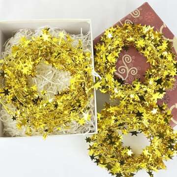 Gold Tinsel Stars Brace Star Tinsel Wire Garland for Home Wedding Birtahday Party Decorations 26 Ft x 5