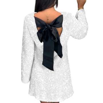 Lentta Women's Sequined Dress Petersham Ribbon Long Sleeve Party Night Out Club Festival Dresses(Whi...