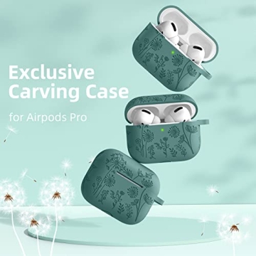 Lerobo Flower Engraved Case for AirPods Pro Case 2nd 1st Generation Case Cover/AirPod Pro Case Cover,Cute Soft Silicone Skin Full Protective Cover for Apple Airpod Case PineGreen