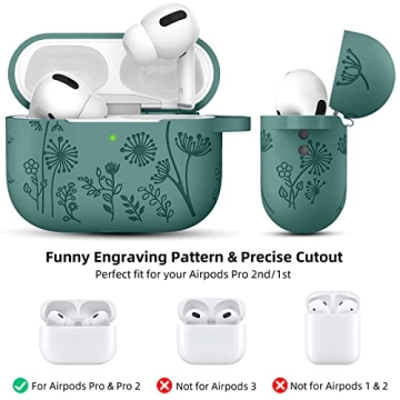 Lerobo Flower Engraved Case for AirPods Pro Case 2nd 1st Generation Case Cover/AirPod Pro Case Cover,Cute Soft Silicone Skin Full Protective Cover for Apple Airpod Case PineGreen