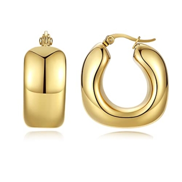 YeGieonr Chunky Gold Hoop Earrings for Women Trendy Twisted Lines Stainless Steel Hoops with 18K Rea...