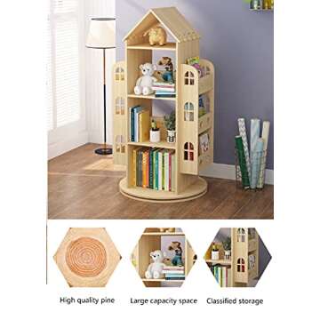 Heehee Rotating Bookshelf 360 Display Floor Standing Bookcase Storage Rack Children's Bookshelf, Wood Book Shelf Organizer Stand for Kids, Storage Book Display Case Bookrack