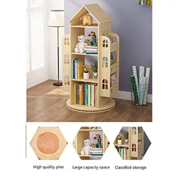 Heehee Rotating Bookshelf 360 Display Floor Standing Bookcase Storage Rack Children's Bookshelf, Wood Book Shelf Organizer Stand for Kids, Storage Book Display Case Bookrack
