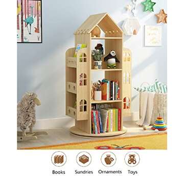 Heehee Rotating Bookshelf 360 Display Floor Standing Bookcase Storage Rack Children's Bookshelf, Wood Book Shelf Organizer Stand for Kids, Storage Book Display Case Bookrack