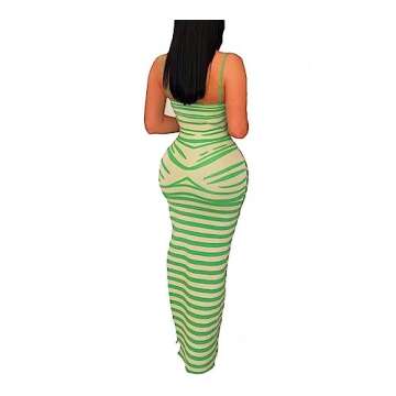 Elainone Women Spaghetti Strap Bodycon Maxi Dress Sleeveless Printed Cocktail Wedding Guest Dresses Green