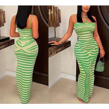 Elainone Women Spaghetti Strap Bodycon Maxi Dress Sleeveless Printed Cocktail Wedding Guest Dresses Green