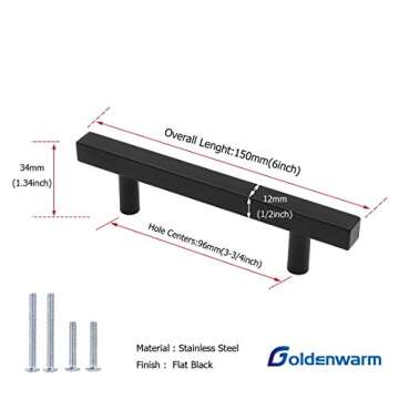 goldenwarm 8Pack Black Cabinet Pulls 3-3/4 inch Black Drawer Pulls Modern Kitchen Hardware Stainless...