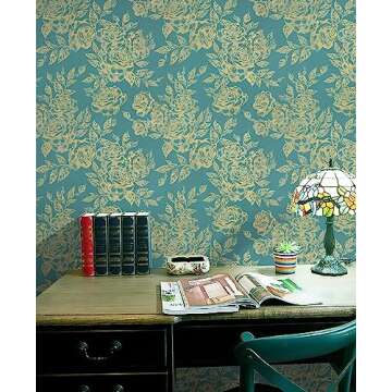 CiCiwind 17.3In×393.7In Peel and Stick Wallpaper for Bedroom Green and Gold Wallpaper Removable Sel...