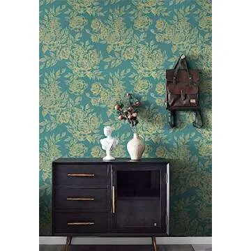 CiCiwind 17.3In×393.7In Peel and Stick Wallpaper for Bedroom Green and Gold Wallpaper Removable Self Adhesive Floral Contact Paper Modern Boho Wallpaper for Kitchen Cabinets Walls Covering Vinyl Film
