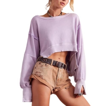 Yuemengxuan Womens Y2k Oversized Sweatshirt Scoop Neck Pullover Tops Batwing Sleeve Cropped Sweatshi...