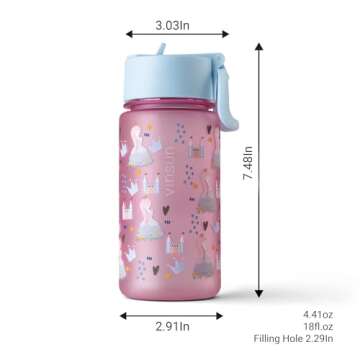 VINSUN Water Bottle Kids 18oz with Straw - Spill-Proof, Tritan, BPA free - Pink Drinking Bottle for Kindergarten, School, Preschool, Sports - Girls