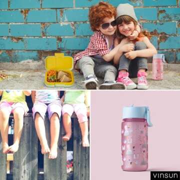 VINSUN Water Bottle Kids 18oz with Straw - Spill-Proof, Tritan, BPA free - Pink Drinking Bottle for Kindergarten, School, Preschool, Sports - Girls