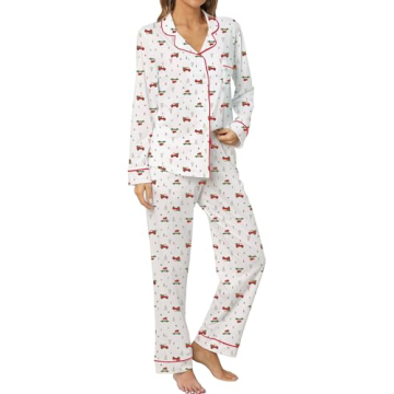 LUBOT Christmas Pajamas 100% Cotton Womens Pajamas Set Soft 2PC PJ Set for Women Long Sleeve Button-...