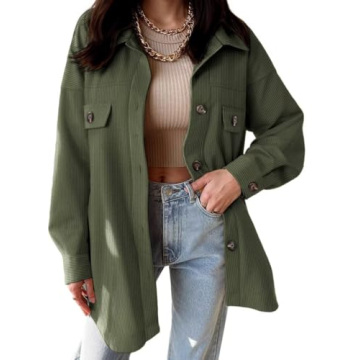 VICHYIE Womens Petie Corduroy Shacket Blouses Lapel Button Down Shirts Pocket Long Sleeves Tops Jack...