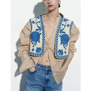 Yimoon Women's Vintage Floral Embroidered Vest Boho Casual Open Front Sleeveless Cardigan Waistcoat