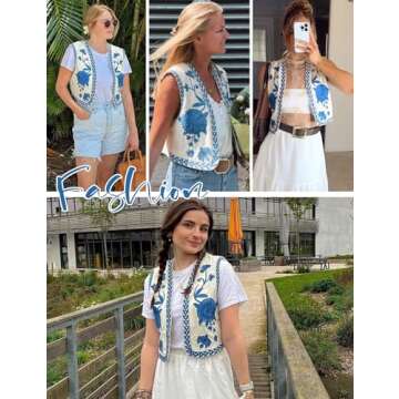 Yimoon Women's Vintage Floral Embroidered Vest Boho Casual Open Front Sleeveless Cardigan Waistcoat