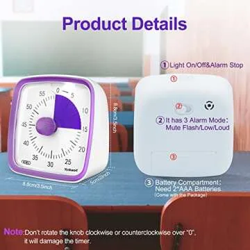 Yunbaoit Visual Timer with Night Light, 60-Minute Countdown Timer for Kids and Adults, Silent Classroom Timer, Time Management Tool for Home, School, or Work (Purple)