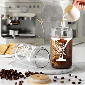 Finew Initial Glass Cups with Bamboo Lids and Glass Straws Set-16oz Can Shaped Drinking Glasses, Beer Glasses, Iced Coffee Glasses, Cute Tumbler Cup, Ideal for Whiskey,Cocktail,Wine