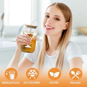 Finew Initial Glass Cups with Bamboo Lids and Glass Straws Set-16oz Can Shaped Drinking Glasses, Beer Glasses, Iced Coffee Glasses, Cute Tumbler Cup, Ideal for Whiskey,Cocktail,Wine