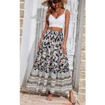 CFLONGE Women's 2024 Bohemian Long Skirts Flowy High Waist A Line Maxi Skirts for Women Summer(Black Blue Flower,Medium)