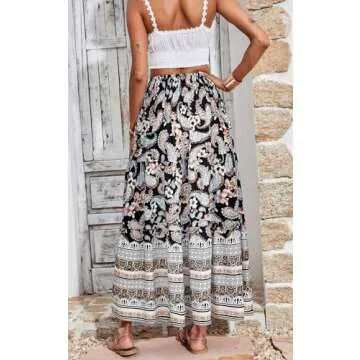 CFLONGE Women's 2024 Bohemian Long Skirts Flowy High Waist A Line Maxi Skirts for Women Summer(Black Blue Flower,Medium)