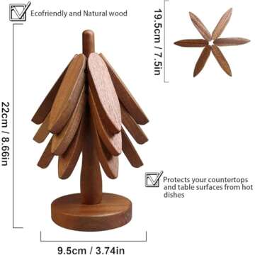 Mamakura Kitchen Wooden Trivets for Hot Dishes,Tree Shape trivets for hot pots and Pans 7.7inch(3 Layers+1 Stand(Brown Color)