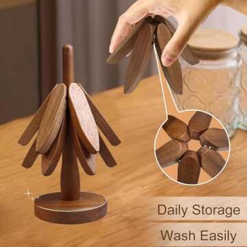 Mamakura Kitchen Wooden Trivets for Hot Dishes,Tree Shape trivets for hot pots and Pans 7.7inch(3 Layers+1 Stand(Brown Color)