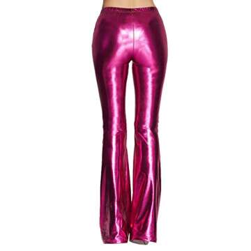 Women Shiny Metallic Flare Bell Bottom Bootcut Palazzo Leggings Retro Long Wide Leg Hippie Pants Slim Fit High Waist Wetlook Vintage 70s Party Costume Disco Birthday Dance Glam Yoga Trousers Rose XXL