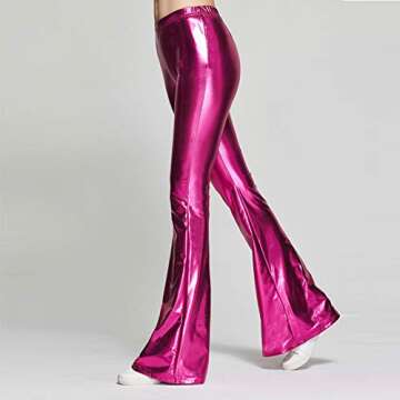 Women Shiny Metallic Flare Bell Bottom Bootcut Palazzo Leggings Retro Long Wide Leg Hippie Pants Slim Fit High Waist Wetlook Vintage 70s Party Costume Disco Birthday Dance Glam Yoga Trousers Rose XXL