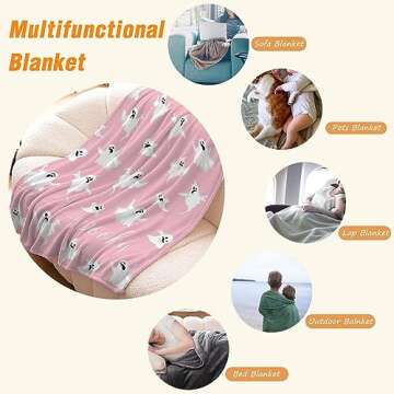 YeeJu Halloween Fleece Throw Blanket for Couch Sofa Lap Bed Living Room Pink Cute Ghost Throw Blanket Cozy Soft Lightweight Fuzzy Plush Blankets and Throws Bedroom Decorative Blanket 50x60