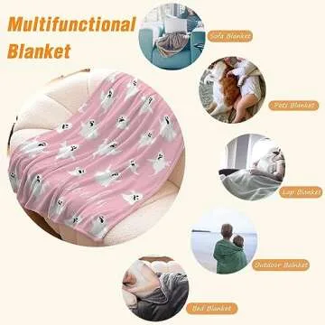 YeeJu Halloween Fleece Throw Blanket for Couch Sofa Lap Bed Living Room Pink Cute Ghost Throw Blanket Cozy Soft Lightweight Fuzzy Plush Blankets and Throws Bedroom Decorative Blanket 50x60