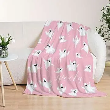 YeeJu Halloween Fleece Throw Blanket for Couch Sofa Lap Bed Living Room Pink Cute Ghost Throw Blanket Cozy Soft Lightweight Fuzzy Plush Blankets and Throws Bedroom Decorative Blanket 50x60