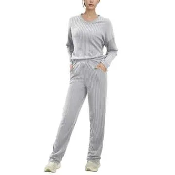 AGYMNX Women's Pajama Sets Long Sleeve 2 Piece Lounge Sets Ribbed Knit Sweater Sleepwear 2024 Pjs wi...