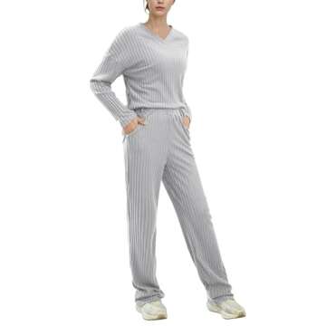 AGYMNX Women's Pajama Sets Long Sleeve 2 Piece Lounge Sets Ribbed Knit Sweater Sleepwear 2024 Pjs with Pockets Gray XS