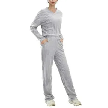 AGYMNX Women's Pajama Sets Long Sleeve 2 Piece Lounge Sets Ribbed Knit Sweater Sleepwear 2024 Pjs with Pockets Gray XS