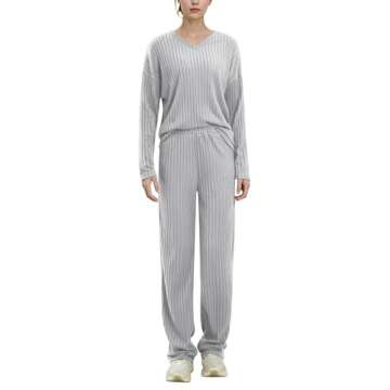 AGYMNX Women's Pajama Sets Long Sleeve 2 Piece Lounge Sets Ribbed Knit Sweater Sleepwear 2024 Pjs with Pockets Gray XS