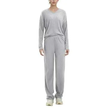 AGYMNX Women's Pajama Sets Long Sleeve 2 Piece Lounge Sets Ribbed Knit Sweater Sleepwear 2024 Pjs with Pockets Gray XS