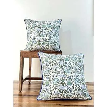 ATOSII Block Print Throw Pillow Covers, 20 X 20 - Set of 2, Decorative Couch Pillows for Living Room Bed Sofa, 100% Cotton Canvas Pillow Case for Home Decor & Outdoors, Preppy Throws - Clover Blue