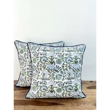 ATOSII Block Print Throw Pillow Covers, 20 X 20 - Set of 2, Decorative Couch Pillows for Living Room Bed Sofa, 100% Cotton Canvas Pillow Case for Home Decor & Outdoors, Preppy Throws - Clover Blue