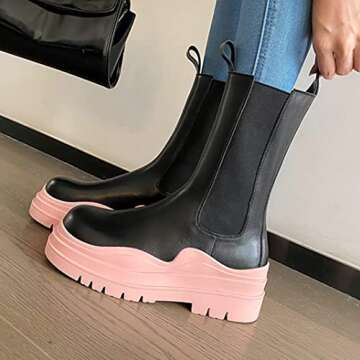 Women's Chelsea Ankle Boots Slip On Mid Calf Chunky Platform Comfortable Pull-on Booties (Pink,US si...