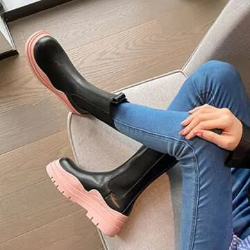 Women's Chelsea Ankle Boots Slip On Mid Calf Chunky Platform Comfortable Pull-on Booties (Pink,US size9)