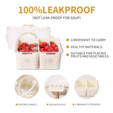 Airtight Food Storage Containers with Lids & Handle, Fridge Organizer Bins with 2 Removable Colanders, Kitchen Organizers and Storage, Apartment Essentials, Fruit Container for Fresh Berry, Veggie