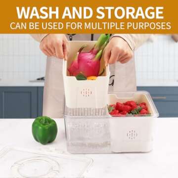 Airtight Food Storage Containers with Lids & Handle, Fridge Organizer Bins with 2 Removable Colanders, Kitchen Organizers and Storage, Apartment Essentials, Fruit Container for Fresh Berry, Veggie