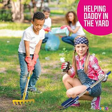 Play22 Kids Garden Tool Set Toy 4-Piece - Shovel, Rake, Hoe, Leaf Rake, Wooden Gardening Tools for K...