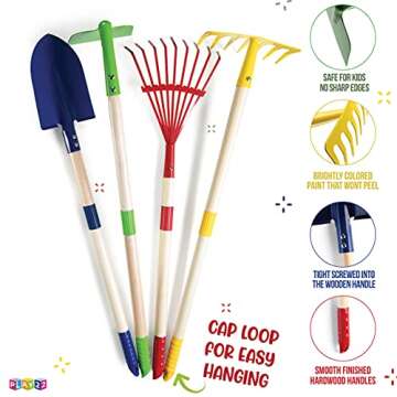 Play22 Kids Garden Tool Set Toy 4-Piece - Shovel, Rake, Hoe, Leaf Rake, Wooden Gardening Tools for Kids Best Outdoor Toys Gift for Boys and Girls