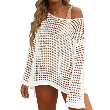 ZESICA Women's Summer Crochet Hollow Out Long Sleeve Beach Bikini Swimsuit Mesh Cover Up Tunic Top,A...