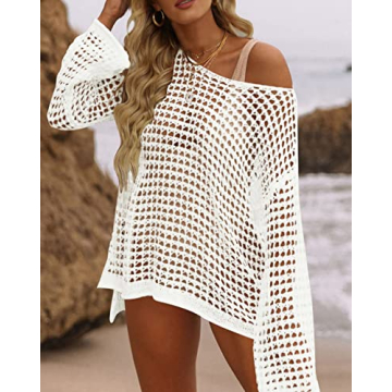 ZESICA Women's Summer Crochet Hollow Out Long Sleeve Beach Bikini Swimsuit Mesh Cover Up Tunic Top,Apricot,Small
